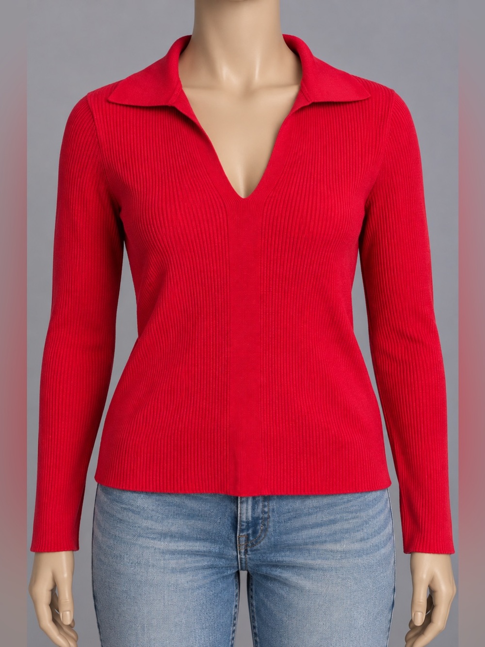 Calvin Klein Red Ribbed Sweater V Neck Collared Long Sleeve 16” Pit to Pit